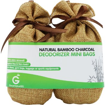 Great Value SG Natural Bamboo Charcoal Deodorizer Mini Bags - Best Odor Eliminator & Moisture Absorber - Keep Air Dry & Fresh - Portable - Perfect for Shoe, Gym Bag, Drawer & Locker (Golden Brown)