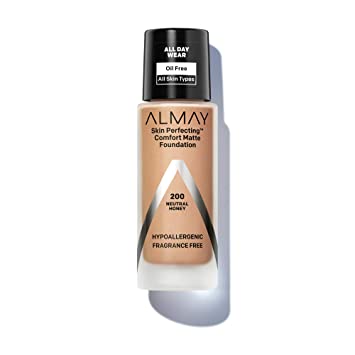 Almay Skin Perfecting Comfort Matte Foundation, Hypoallergenic, Cruelty Free, -Fragrance Free, Dermatologist Tested Liquid Makeup, Neutral Honey, 1 Fluid Ounce