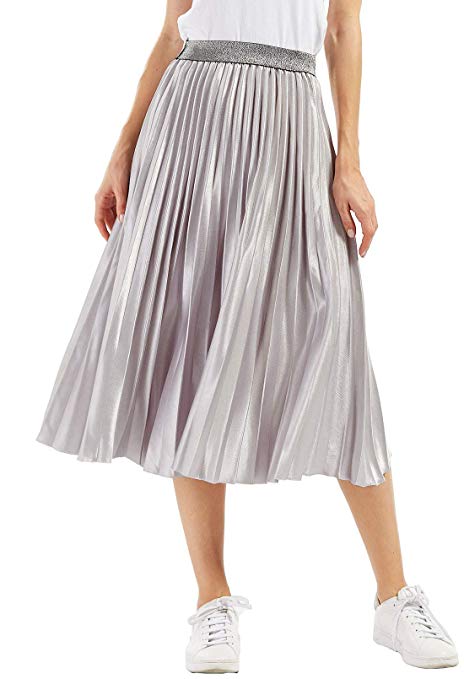 CHARTOU Womens Elastic-Waist Accordion Pleated Metallic Long Party Skirt