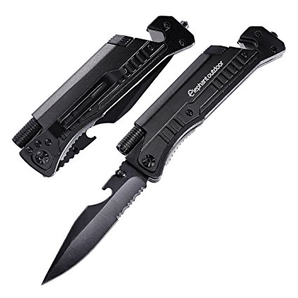 Survival Knife - Updated 7-in-1 Tactical Pocket Folding Knife with LED Flashlight, Glass Breaker, Seatbelt Cutter, Magnesium Fire Starter, Whistle and Bottle Opener, Best Stainless Steel Camping Gear