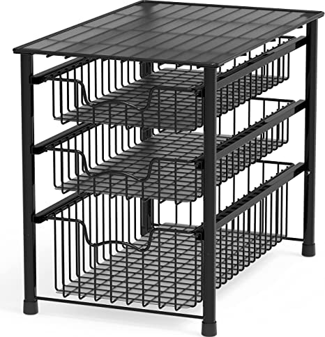 SimpleHouseware Stackable 3 Tier Sliding Basket Organizer Drawer, Black