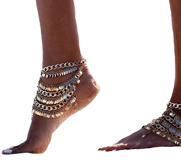 Naly Women's Gold Barefoot Sandals Beach Wedding Jewelry Tribal Foot Chain Multi Tassel