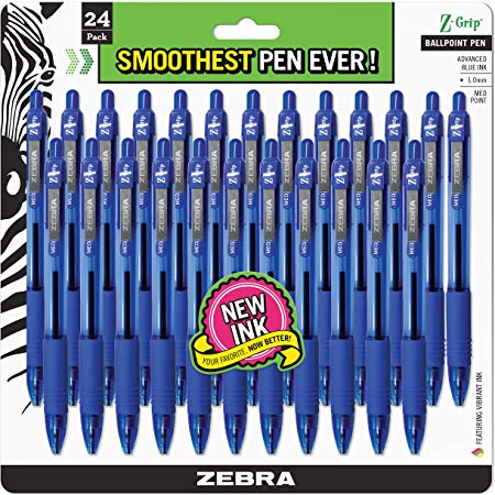 Zebra Pen Z-Grip Retractable Ballpoint Pen, Medium Point, 1.0mm, Blue Ink, 24 Pack