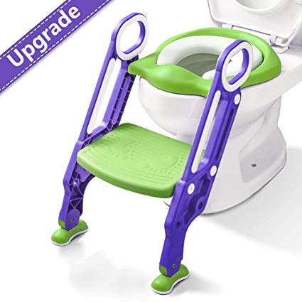 Potty Training Toilet Seat with Step Stool Ladder for Boy and Girl Baby Toddler Kid Children Toilet Training Seat Chair with Padded Seat Non-Slip Wide Step (Green Purple Upgrade)