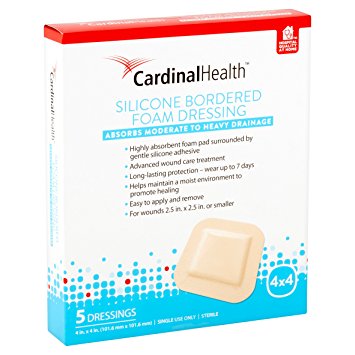 Cardinal Health BFM44RR Silicone Bordered Foam Bandage 4-inch x 4-inch (5), 5 Count