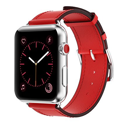 Yearscase 42MM Genuine Leather Replacement Band with Classic Metal Adapter Clasp Single Tour for Apple Watch Series 3 Series 2 Series 1 Nike  Hermes&Edition - Red