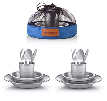 Wealers Unique Complete Messware Kit Polished Stainless Steel Dishes Set| Tableware| Dinnerware| Camping| Buffet| Includes - Cups | Plates| Bowls| Cutlery| Comes in Mesh Bags