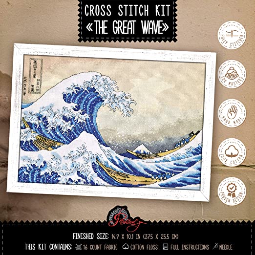 Cross-Stitch Kit ‘The Great Wave Off Kanagawa’ – Hokusai’s Ukiyo-e Japanese Art – Embroidery Kit with Pattern of The Wave and Fuji Mountain, Japan