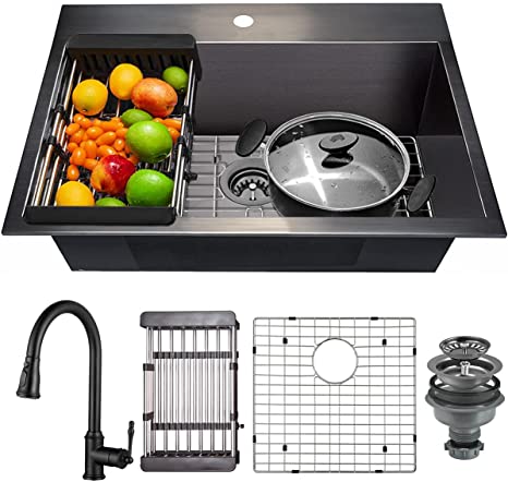 AKDY Gunmetal Matte Black Kitchen Sink and Faucet Combo, 25-inch Drop-in Single Bowl Stainless Steel Sink 25"x22"x9" with Pull-down Faucet & Sink Accessories