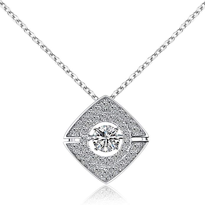 Sable Pendant Necklace Eye-Catching Dancing CZ Stone with Sparkling Floating Crystals (Shape of Heart, Key, Square, Perfume Bottle)