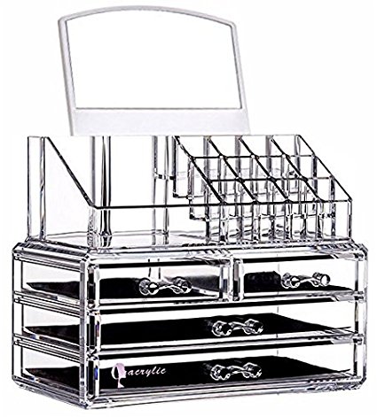 Cq acrylic 4 Drawers and 16 Grid Makeup Organizer with Cosmetic Storage Cases,9.4"x5.3"x7.3",Clear 2 Piece Set With Mirror