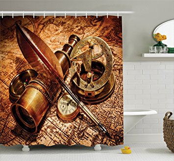 Antique Decor Shower Curtain Set by Ambesonne, Compass, Goose Quill Pen, Spyglass And A Pocket Watch Lying On An Old Map, Bathroom Accessories, 69W X 70L Inches