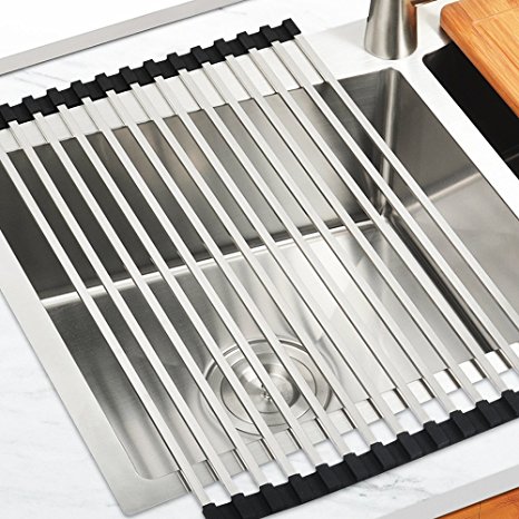 JOMOLA Roll-Up Dish Drying Rack,SUS304 Stainless Steel Square Tube, Foldable Sink Shelf, Storage Mat And Fruit Vegetable Washing and Cake Holder