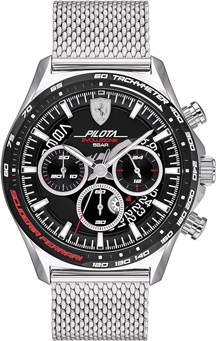 Ferrari Scuderia Pilota EVO Men's Quartz Chrono Stainless Steel and Mesh Bracelet Casual Watch, Color: Silver (Model: 0830826)