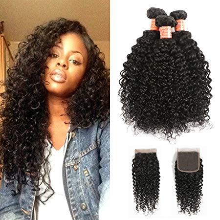 HPH 100% Unprocessed Brazilian Kinky Curly Virgin Hair 3 Bundles With CLosure (12 14 16+10" Natural Black) 8A Brazilian Curly Virgin Hair Extensions Human Hair With Free Part Lace Closure