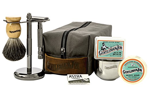 Gentleman Jon Deluxe Wet Shave Kit | Includes 8 Items: Safety Razor, Badger Hair Brush, Shave Stand, Canvas & Leather Dopp Kit, Alum Block, Shave Soap, Stainless Steel Bowl and Astra Razor Blades