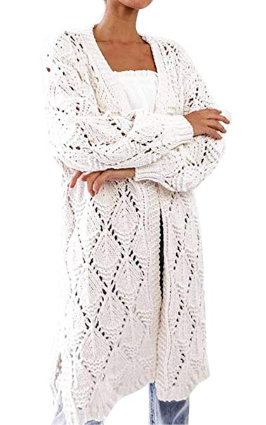 Angashion Women's Winter Chunky Cable Knit Hollow Out Long Cardigan Sweater Outwear Coat