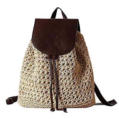 Donalworld Women Straw Backpack Bag Corn Husk Woven Beach Bag String Bag