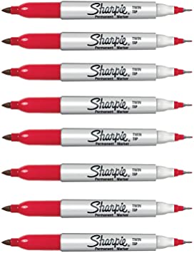 Sharpie 32202 Twin Tip Permanent Marker, Fine and Ultra Fine Tip, Red Color, Quick-drying Ink, Fade and Water Resistant, AP Certified, Pack of 8