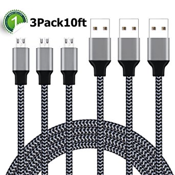 Micro USB Cable, Xcords 3Pack 10FT Micro USB to USB Android Charger Cable Nylon Braided,High Speed Sync and Charging USB Cable for Android Phones, Tablets, PS4, Xbox One and More(Black)