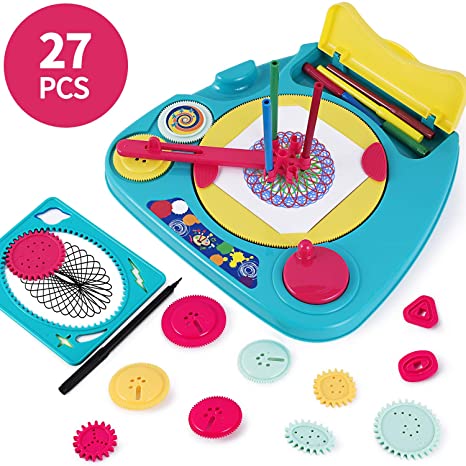 iPlay, iLearn Kids Spiral Drawing Set, Fun Shapes Artwork Tools, Design Your own Creativity Kit with Colorful Pens & Stencil Pattern for 3, 4, 5, 6, 7, 8 Year Old Boy Girl Toddler Preschooler-27 Piece