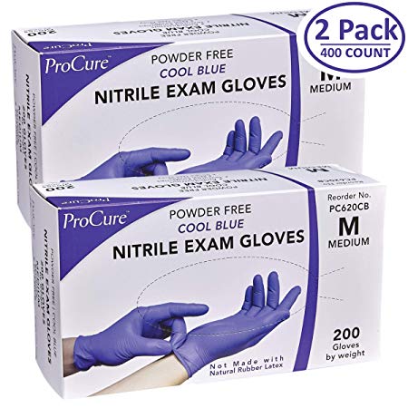 ProCure Disposable Nitrile Gloves – Powder Free, Rubber Latex Free, Medical Exam Grade, Non Sterile, Ambidextrous - Soft with Textured Tips – Cool Blue (Medium, 2 Pack, 400 Count)