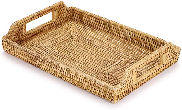 Hipiwe Rattan Serving Tray with Handles - Hand-Woven Decorative Tray for Storage Breakfast, Drinks, Snack,Rectangular Basket Organizer Tray for Coffee Table, Home Decor (Large)