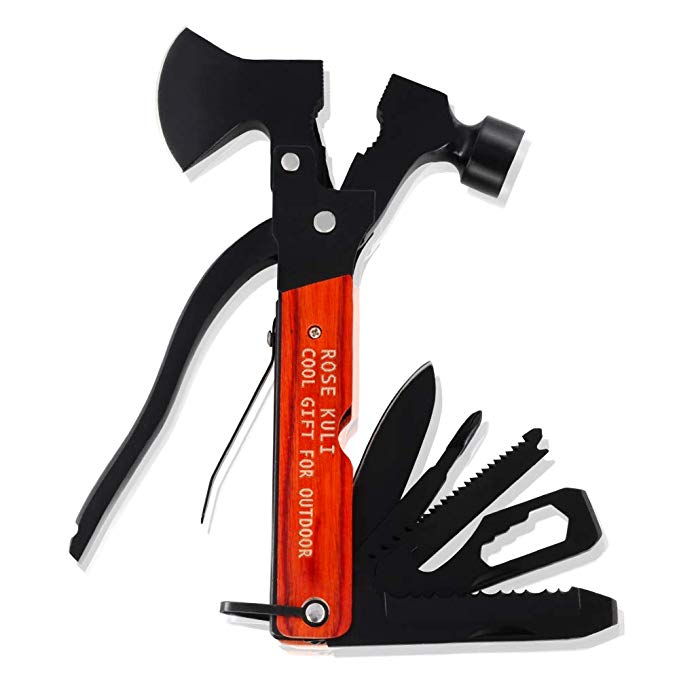 Rose Kuli 18 in 1 Multitool Stainless Steel Black Oxide with Wooden Handle Axe, Hammer, Saw, Plier, Knife, Wrench, Screwdrivers, Bottle Opener for Car Camping Hiking Outdoor Survival Tool