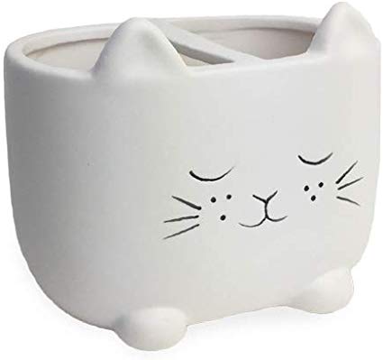 Isaac Jacobs White Ceramic Cat Makeup Brush Holder, Multi-Purpose 2-Section Organizer. Bathroom, Kitchen, Bedroom, Office Décor (2-Section Cup, Pastel White)