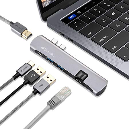 Verbatim Aluminum Dual Type-C Pro Hub Adapter with Ethernet - 4K HDMI Video Output, 1Gbps RJ45 Lan Input, USB-C PD, 2 x USB 3.0 Ports for 2016/2017 MacBook Pro. 1-year Warranty(Space Gray)