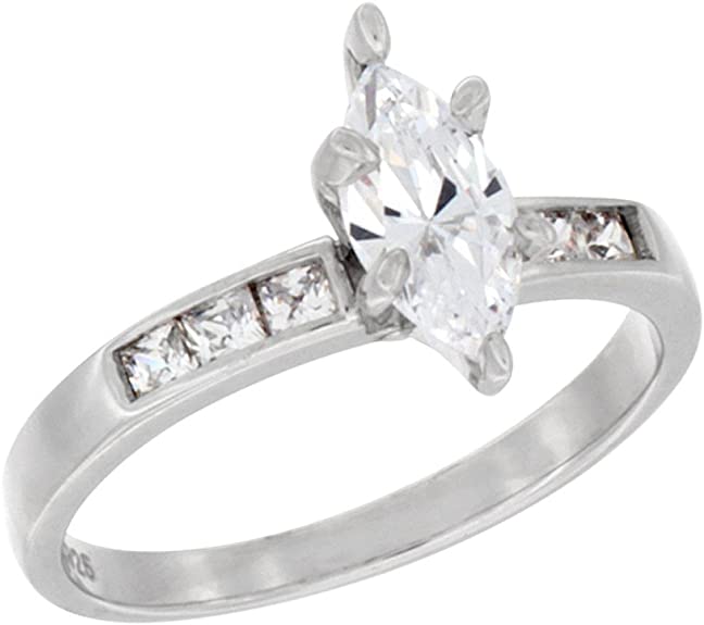 Sterling Silver Cubic Zirconia Solitaire Engagement Ring 1.5 ct Marquise, 7/16 inch Wide, Sizes 5 to 10