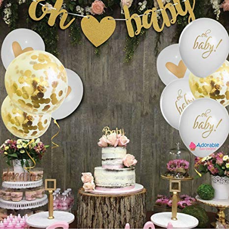 Baby Shower Party Decorations | Neutral Decor | Beautiful Banner (OH Baby), 9 PC Balloons (Gold, Confetti, White), and Ribbon Party Set | Hang Anywhere | Glitter Unisex Pregnancy Announcement Party
