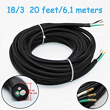 18/3 20Ft Vintage Electrical Wire Rayon Covered Lamp Cord Braided Black 18 AWG 3 Conductor Flexible Fabric Pendant Lighting Power(10A)