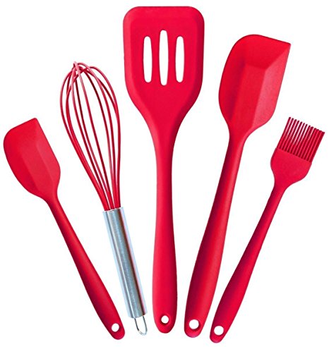 kiskistonite Premium Silicone Kitchen Utensils 5-Piece Set with Hygienic Solid Coating Heat-Resistant Cooking Baking Utensils, Flexible Silicone Slotted Turner Spatulas Grill Brush Stirrer Set, Red