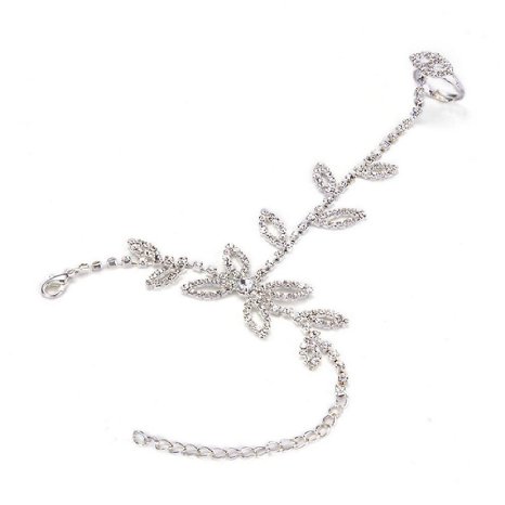 SODIAL(R)Rhinestone Leaf Flower Hand Harness Bracelet Slave Bangle Chain Link Finger Ring Silver