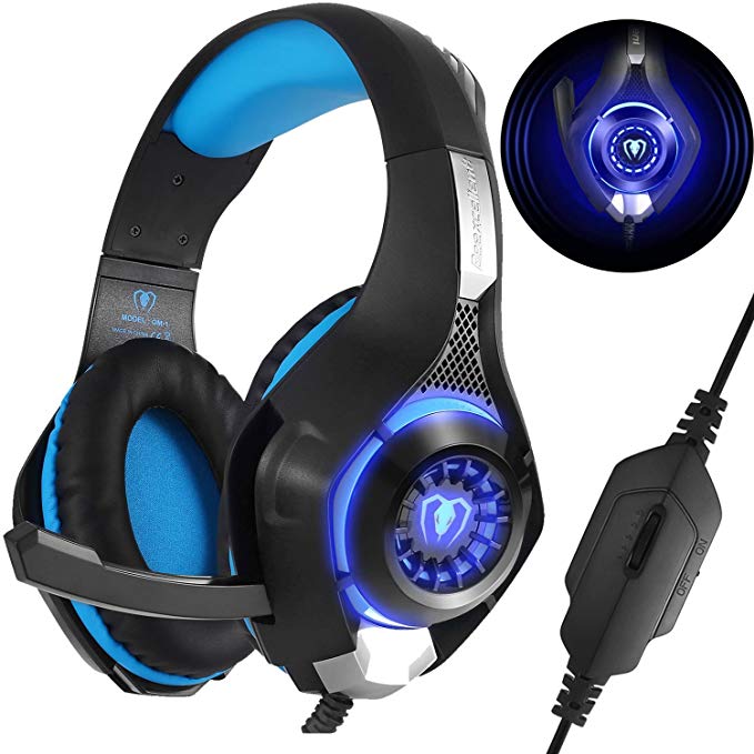 Beexcellent Gaming Headset for PS4 Xbox One Bass Over-Ear Headphones with Mic, LED Light, Noise Isolation Features for Laptop Mac Nintendo Switch Games Smartphones (Blue)