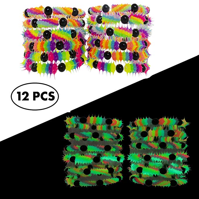 FROG SAC Glow in The Dark Bracelets for Boys Girls Teens Kids 12 PCs Pack - Fluorescent and UV Led Black Light Reactive Neon Rave Beaded Stretch Bracelet Toy Set - Party Favors and Supplies