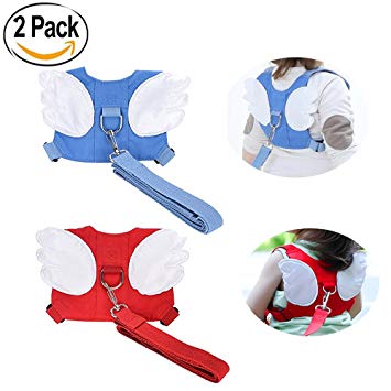 Baby Safety walking Harness-2 PACK Child Toddler Walking Anti-lost Belt Harness Reins with Leash Kids Assistant Strap Angel Wings Travel Backpack (Blue Red)