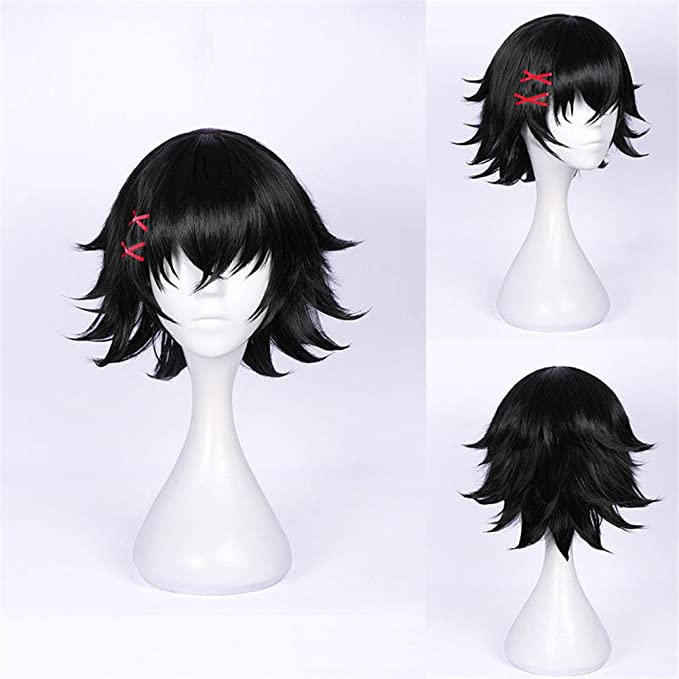 Xingwang Queen Anime Short Black Cosplay Wig with Red Hairpin Women Girls' Party Wigs