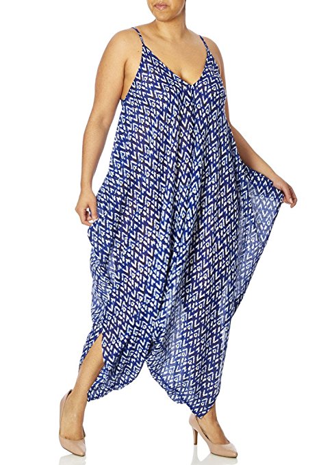 Love Collection Womens Crinkle Rayon Bohemian Print Harem Jumpsuit, Junior and Plus Sizes