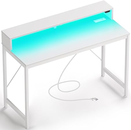 Rolanstar Computer Desk 39.4" with LED Lights & Power Outlets, Home Office Desk with Monitor Shelf, Gaming Desk, White