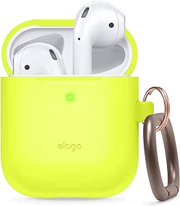 elago Silicone Case with Keychain Compatible with Apple AirPods Case 1 & 2, Front LED Visible, Supports Wireless Charging, Protective Silicone (Neon Yellow)