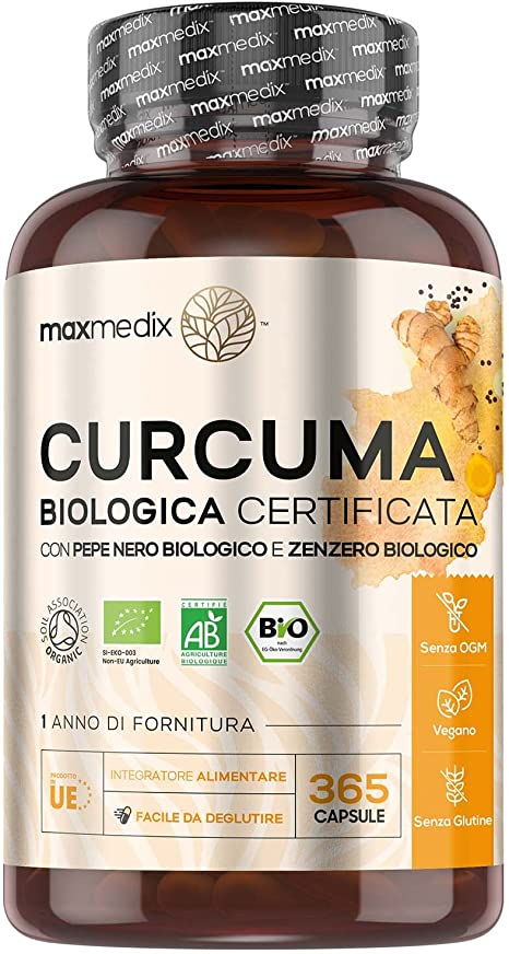 maxmedix Bio Curcuma con Piperina e Zenzero - 365 Curcuma Capsule Vegane (Per 1 Anno) - Curcuma e Piperina con Zenzero Biologiche - Piperina e Curcuma Senza Glutine - Curcuma e Piperina Plus Senza OGM