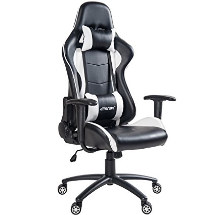 Merax Ergonomic High Back Swivel Racing Style Gaming Chair PU Leather with Lumbar Support and Headrest (White)