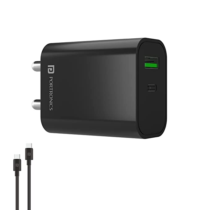 Portronics Adapto 44 Fast Charging 20W Mobile Charger with Dual Output(USB   PD) (Black)