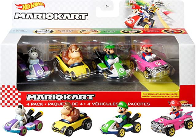 Hot Wheels Mario Kart Vehicle 4-Pack, Set of 4 Fan-Favorite Characters Includes 1 Exclusive Model, Collectible Gift for Kids & Fans Ages 3 Years Old & Up