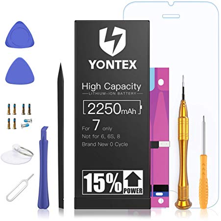 2250mAh Battery Compatible with iPhone 7 0 Cycle - YONTEX High Capacity Li-ion Replacement Battery with a Complete Repair Tool Kit and 1 Screen Protector - 24-Month Warranty