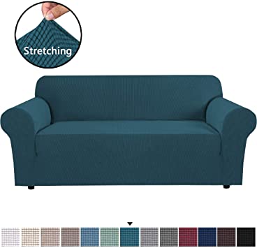 Stretch Sofa Covers Couch Cover Furniture Protector Sofa Slipcover 1-Piece Feature High Spandex Textured Lycra Small Checks Jacquard Fabric with Elastic Bottom(Sofa 72"-96" Wide: Deep Teal)