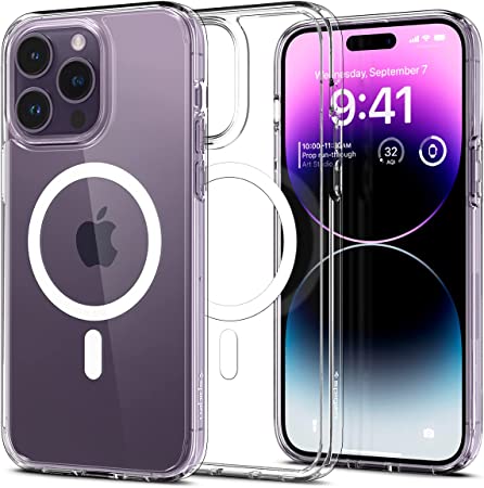 SPIGEN Ultra Hybrid Mag (MagFit) Case Designed for Apple iPhone 14 Pro Max (2022)[6.7-inch] Mag Safe Compatible Magnetic Ring Air Slim Bumper Hard Clear Cover - White