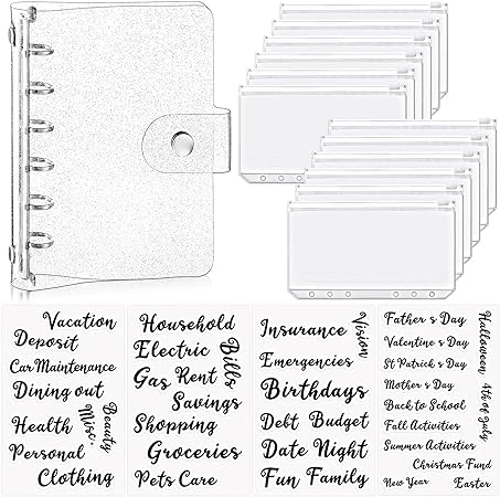 17 Pieces Binder Cover A7 Soft PVC 6-Ring Binder Cover 12 Pieces Mini Binder Pockets A7 Size 6 Holes Binder Zipper and 4 Sheets Cash Envelope Sticker for Budget Plan (Glitter Transparent)